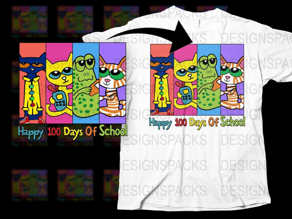 Colorful Cat Cartoon T-Shirt, Happy 100 Days of School, Kids Bright Printed Tee, Fun Animal Graphic Shirt for School Celebration.