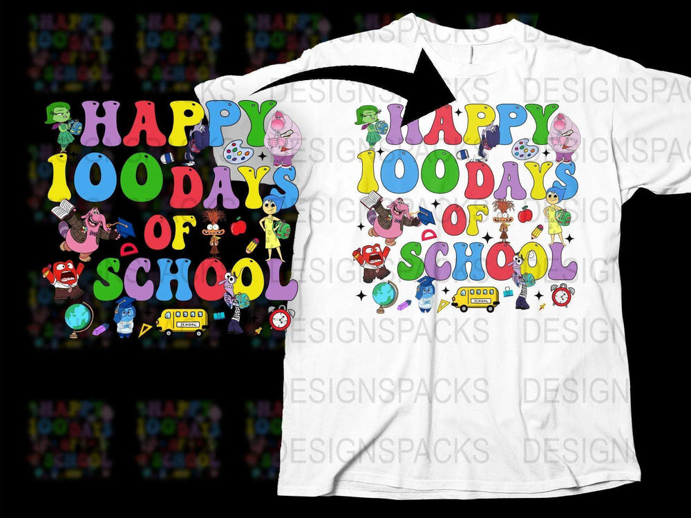 Happy 100 Days of School T-Shirt, Colorful Kids Cartoon Characters, Celebratory Fun Tee for Teachers and Students