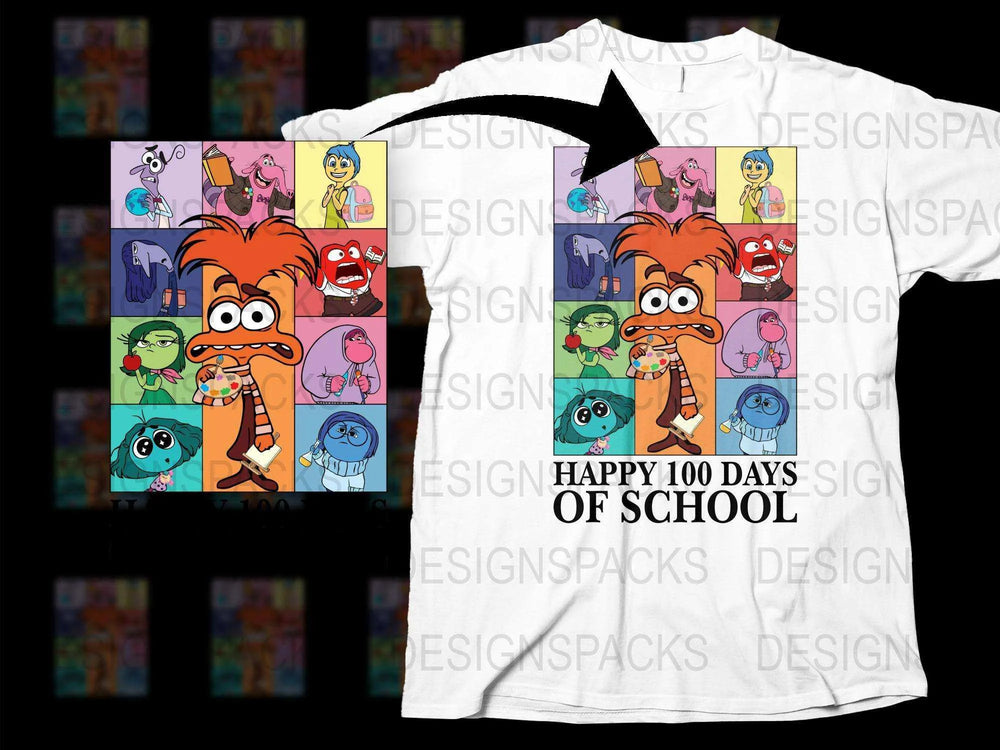 Happy 100 Days of School T-Shirt, Colorful Cartoon Characters, Kids Celebration Tee, Unisex School Shirt