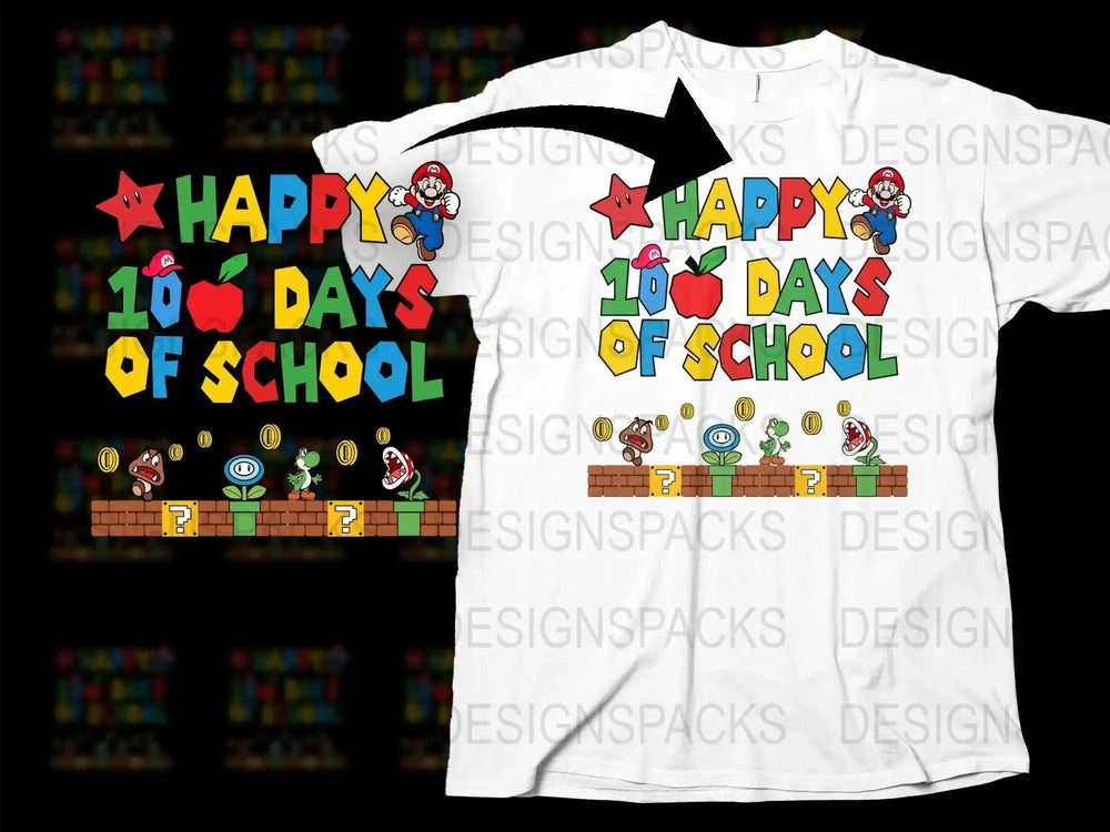 Colorful 100th Day of School T-Shirt, Fun Mario Inspired Kids Tee, Video Game Style School Celebration Shirt