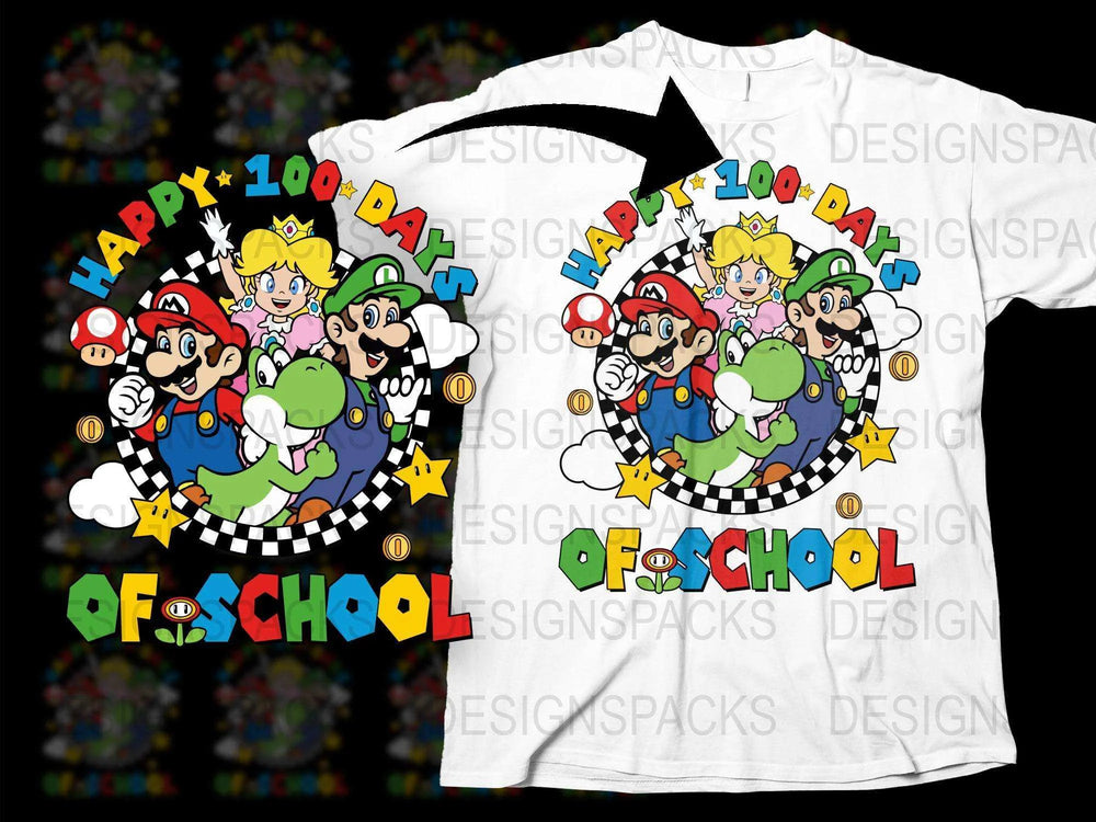 Colorful 100th Day of School T-Shirt, Mario Cartoon Characters, Kids Celebration Tee, Fun Educational Top, Bright Graphic Design Shirt