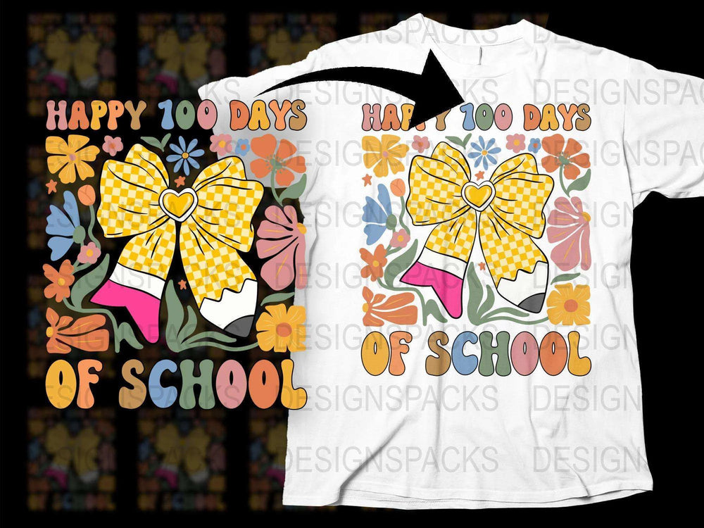 Happy 100 Days of School T-Shirt, Colorful Floral Design, Kids Celebration Tee, Teacher Gift, Bright Flowers and Ribbon Graphic Shirt