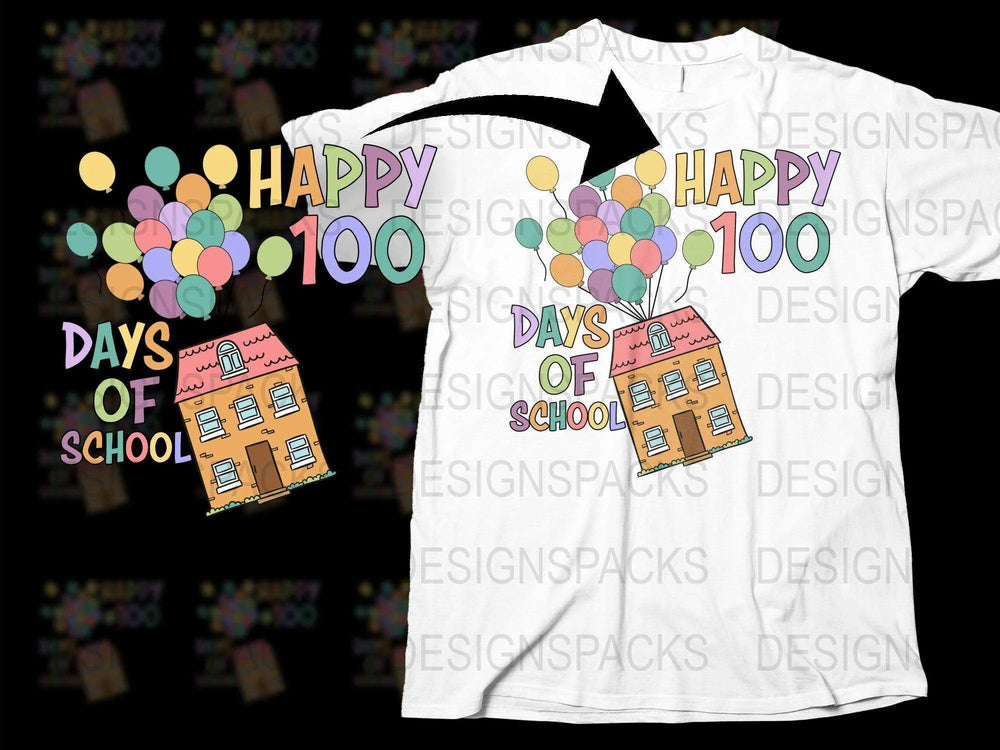 Happy 100 Days of School T-Shirt, Colorful Balloons and Schoolhouse Design, Fun Teacher and Student Apparel