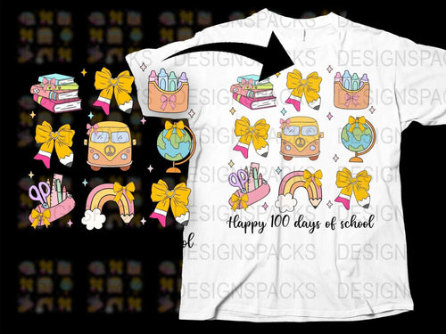 Happy 100 Days of School T-Shirt, Colorful Kids Celebration Tee, Cute School Bus and Books Design, Unisex Children Shirt