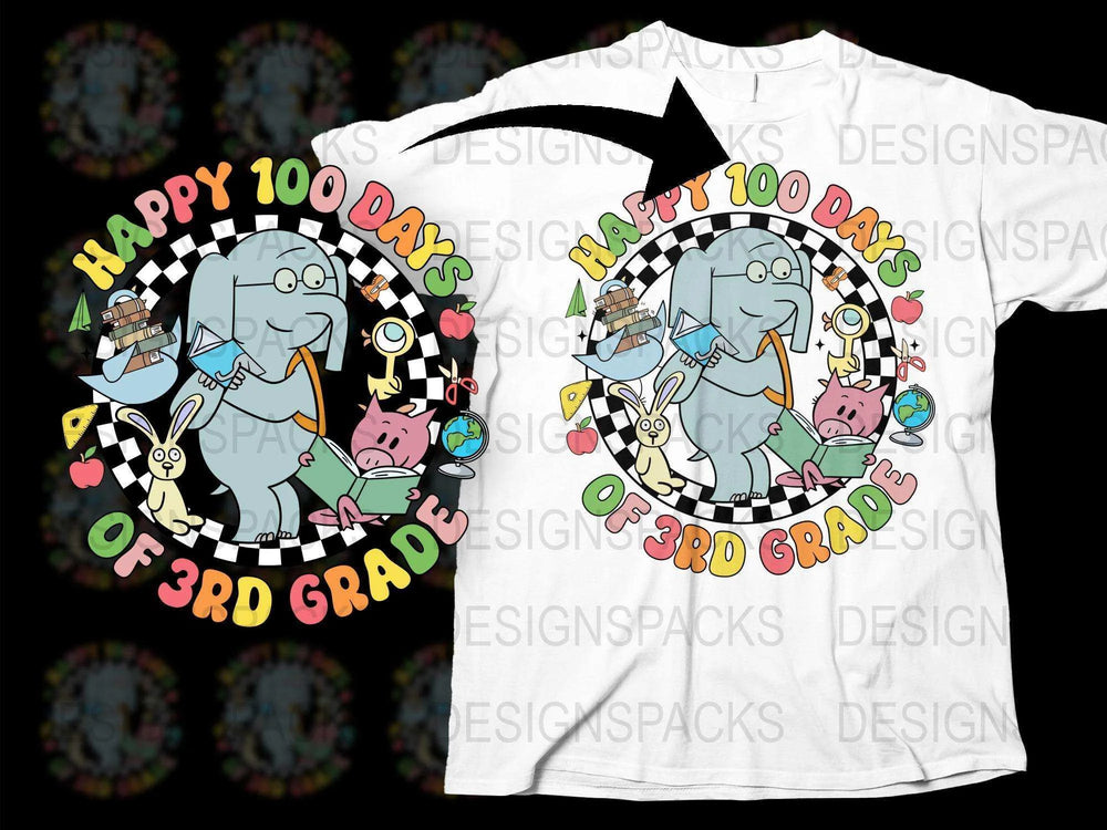 Happy 100 Days of 3rd Grade T-Shirt, Cute Elephant and Animals Celebration Tee for Kids, Colorful School Event Shirt