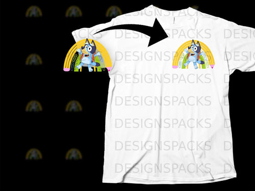 Bluey character on a rainbow with school supplies, shown on a white t-shirt.