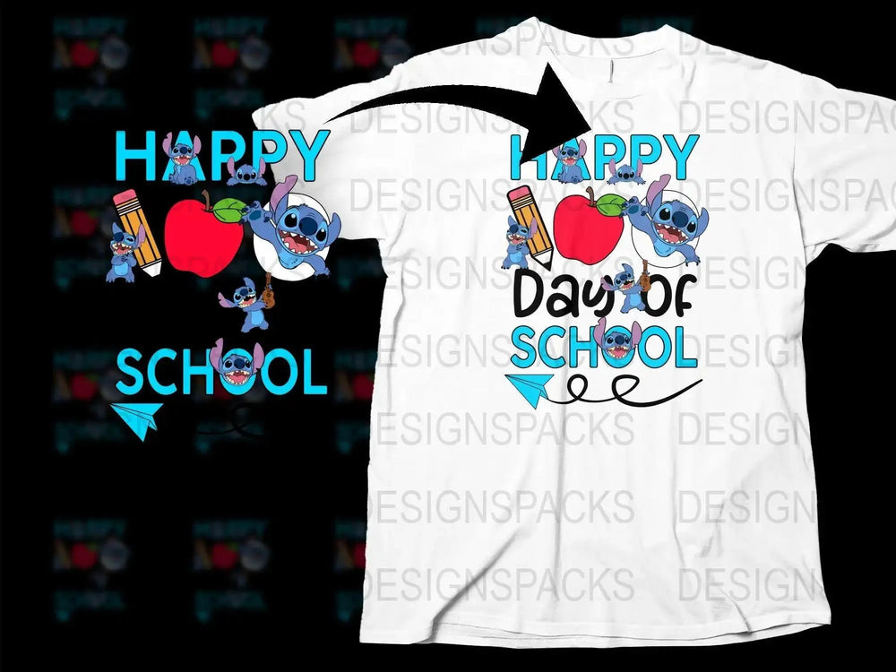 Kids Happy Day of School T-Shirt, Cute Cartoon Characters, First Day Outfit, Colorful School Supplies Design, Unisex Children's Tee