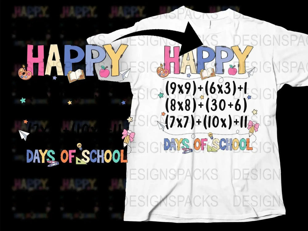 Happy 100 Days of School T-Shirt, Colorful Math Equations, Teacher Shirt, Student Celebration Tee, Fun Educational Apparel