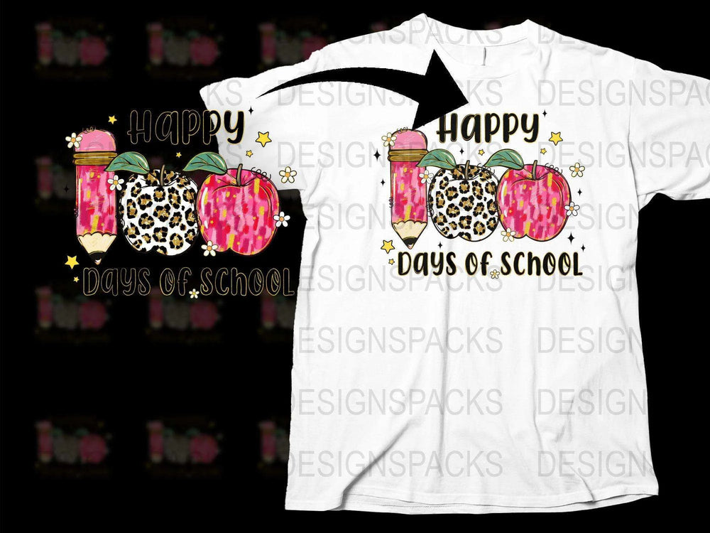 Happy 100 Days of School T-Shirt, Teacher Apple Leopard Print, Kids School Celebration Tee