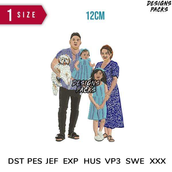 Family embroidery design with dog, 12cm size, PES DST formats for machine embroidery projects