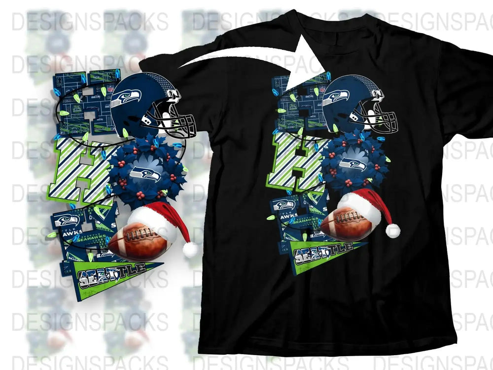 Colorful Football Team Santa Graphics T-Shirt, Festive Holiday Sports Apparel, Fun Christmas Gift