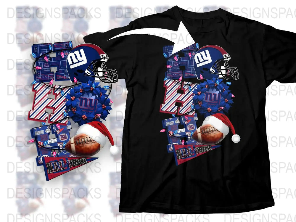 New York Football Team Santa Hat Graphic T-Shirt, Festive Sports Fan Apparel, Holiday Gift Idea for NY Fans, Patriotic Design