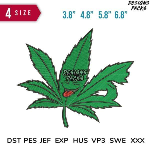 Cannabis leaf embroidery design with 4 sizes, DST PES JEF formats, print-ready for DTG/DTF