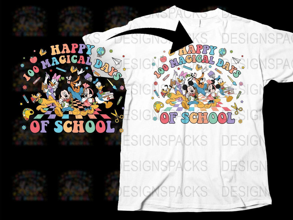Kids 100 Magical Days of School T-Shirt, Colorful Disney Characters Tee, Cute Elementary School Celebration Shirt, Unisex Kids Fashion