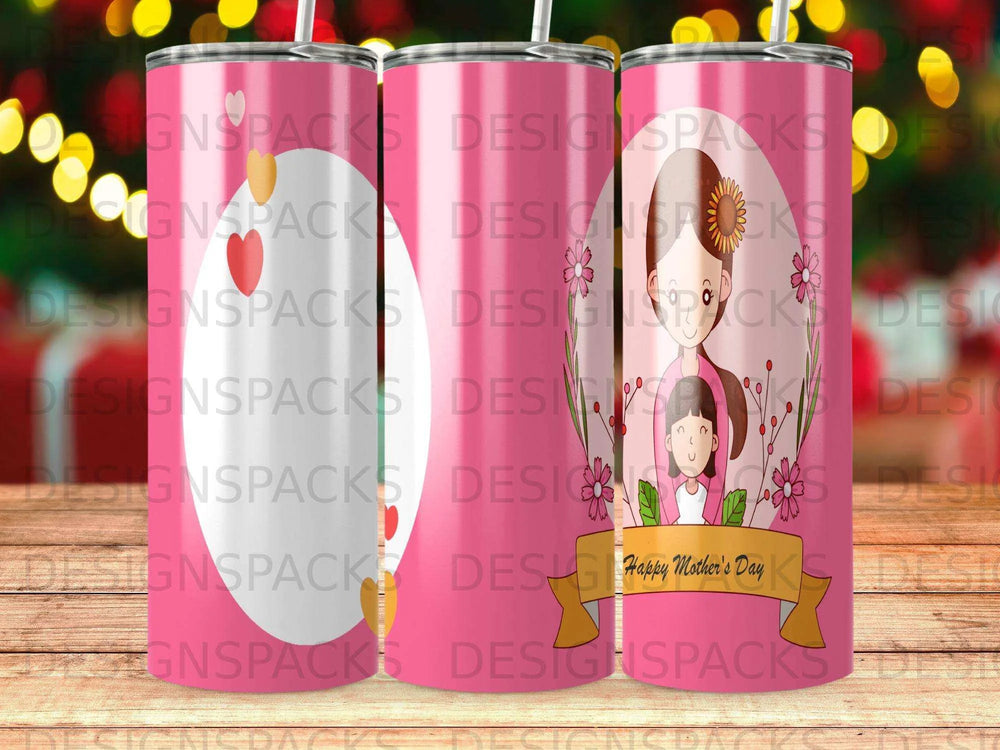 Happy Mother's Day Mom Daughter Hearts Pink Art Tumbler Digital Wrap Design