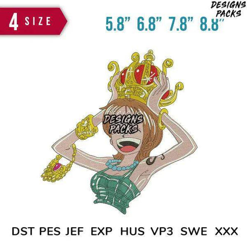 Embroidery design of queen with crown, available in PES, DST, EXP formats for instant download