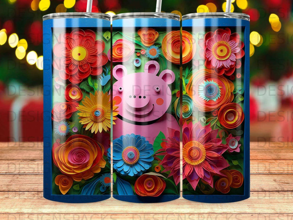 Happy Pig & Quilled Flowers Tumbler Digital Wrap Design