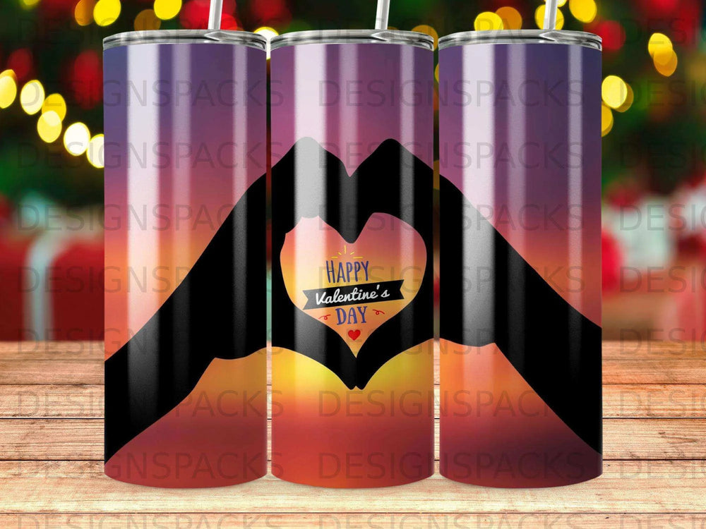 Happy Valentines Day Hands Heart Sunset Tumbler Digital Wrap Design