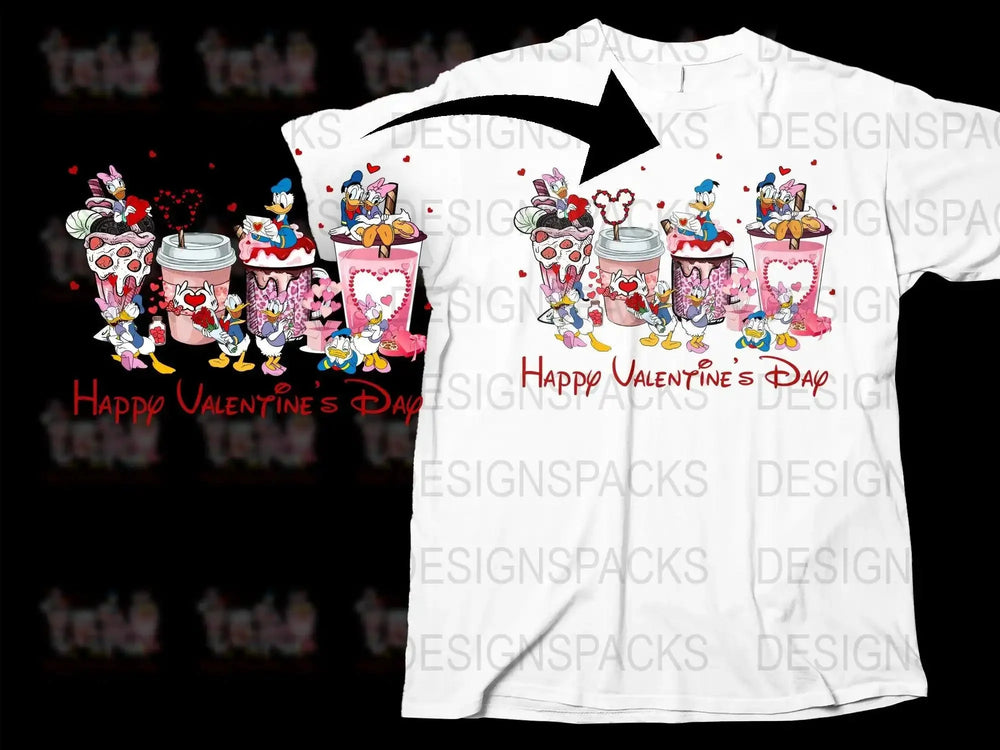 Valentine's Day t-shirt design with Donald and Daisy Duck, hearts, and sweet treats