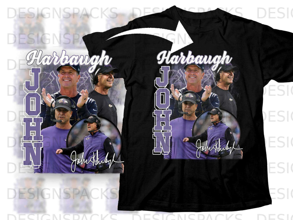 John Harbaugh graphic with signature on black t-shirt.