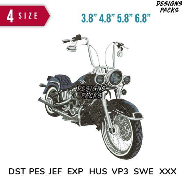 Motorcycle embroidery design in 4 sizes, available in DST PES JEF formats for instant download.