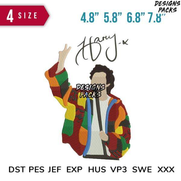 Colorful embroidered design of a person in a vibrant jacket, available in multiple sizes and formats.