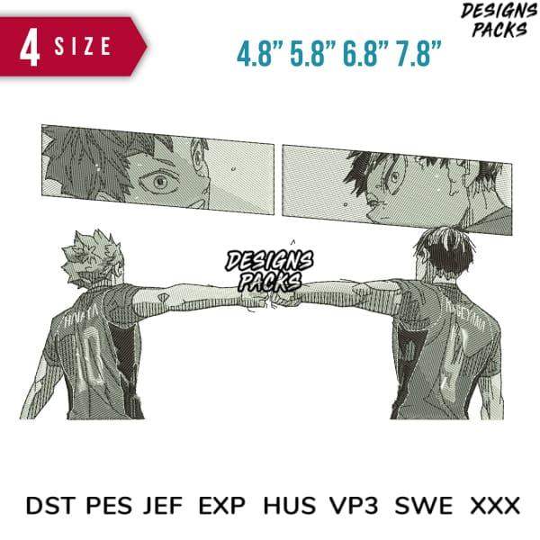 Anime volleyball players fist bump design in 4 sizes, DTF/DTG & embroidery formats