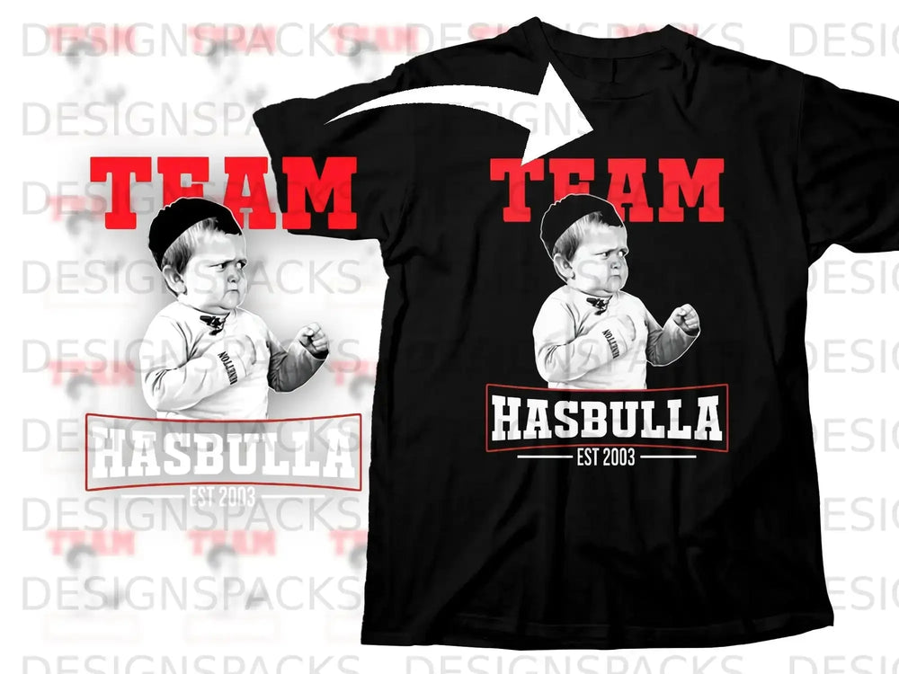 Black t-shirt with "Team Hasbulla Est 2003" graphic featuring Hasbulla Magomedov.