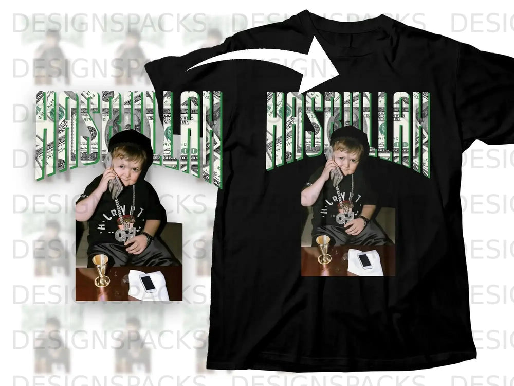 Black t-shirt featuring Hasbulla on the phone, money, and "Hasbulla" text.