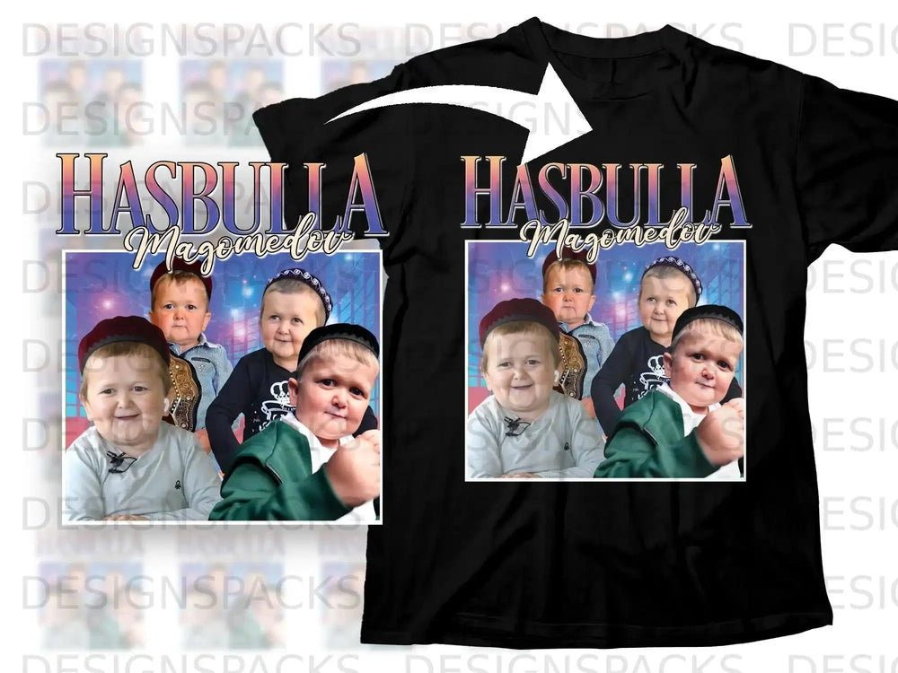 Hasbulla Magomedov smiling on a black t-shirt design.