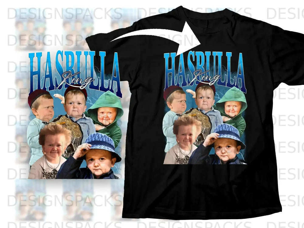 Black t-shirt with Hasbulla Magomedov graphic and blue lettering.