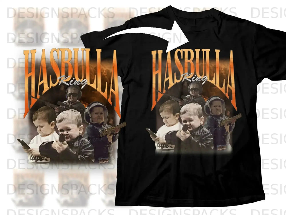 Black t-shirt with a graphic featuring Hasbulla and toy guns.