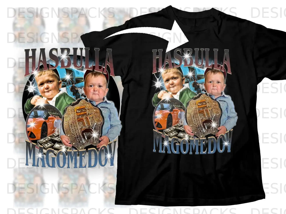 Black t-shirt with Hasbulla Magomedov and championship belt graphic.