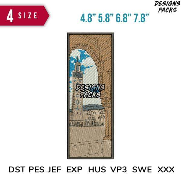 Embroidery design of historic archway with tower, available in 4 sizes & multiple formats like PES, DST, EXP