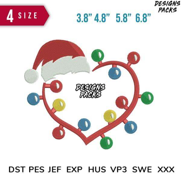 Christmas heart with Santa hat & colorful lights, embroidery design in 4 sizes, PES DST formats