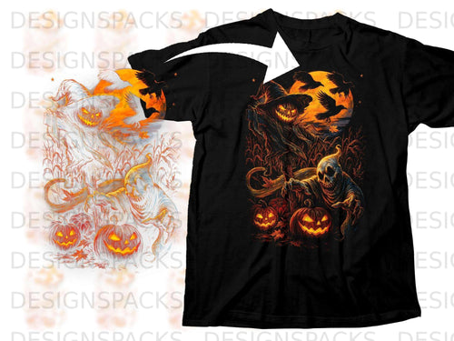 Halloween-themed graphic with jack-o'-lanterns, scarecrow, and crows on black t-shirt.