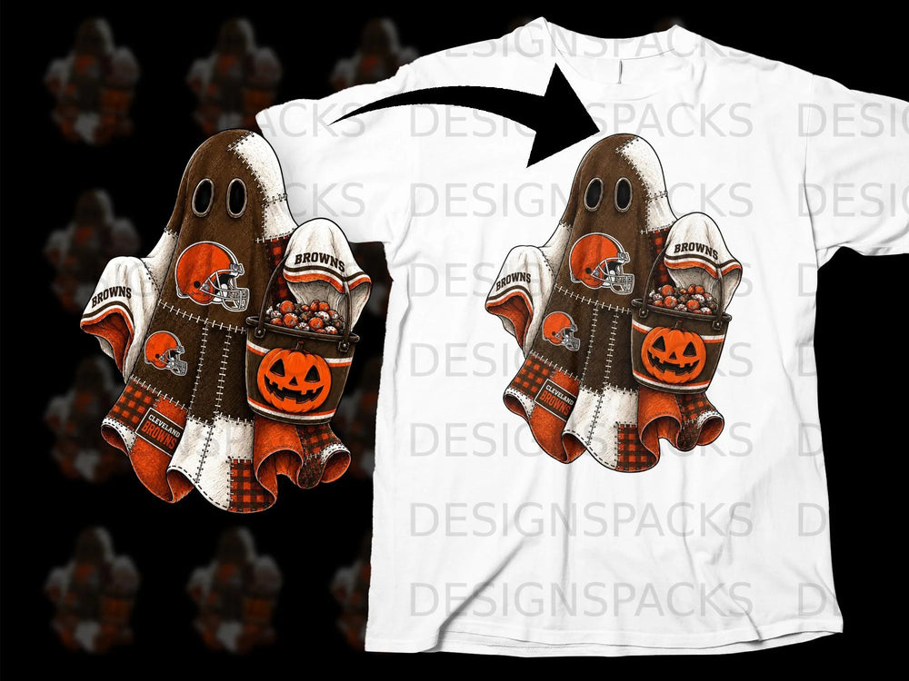 Cleveland Browns Halloween ghost holding candy bucket and football helmet.