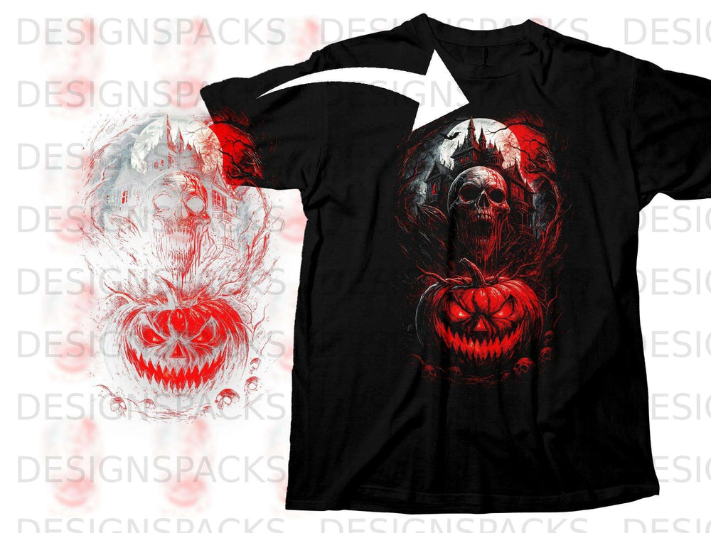 Black t-shirt with a Halloween design featuring a skull, haunted house, and pumpkin.