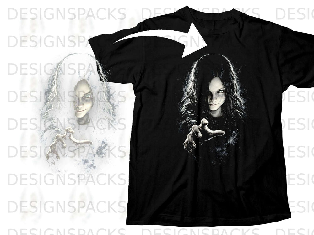 Black t-shirt with a dark illustration of a girl with white hair reaching out.
