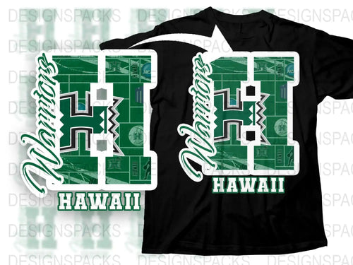 Hawaii Warriors T-Shirt with Football Field Design, Green and White Graphic Tee, Sports Fan Apparel