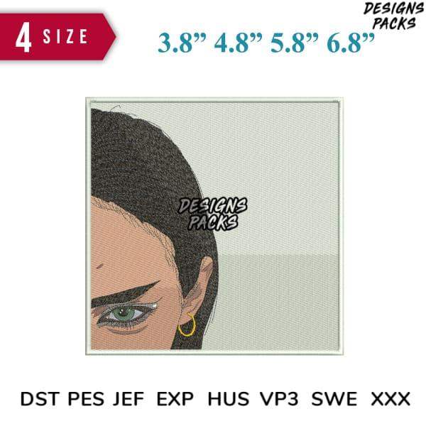 Embroidery design of woman's eye with green iris, available in 4 sizes and multiple formats