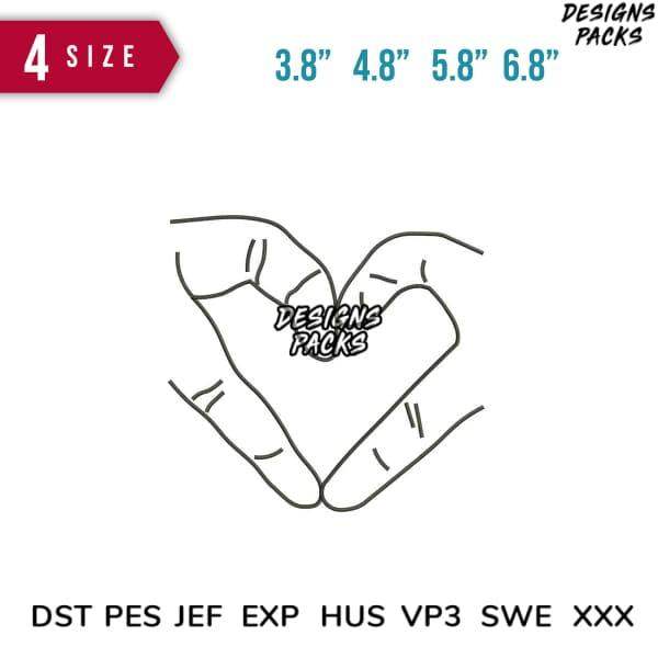 Heart hand gesture design in 4 sizes, embroidery formats DST PES JEF EXP HUS VP3 SWE XXX