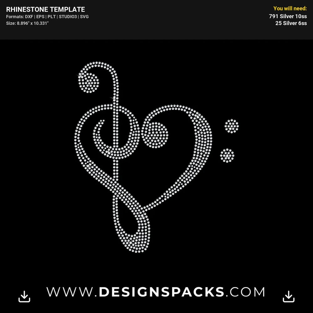 Heart Music Notes Rhinestone Digital Template