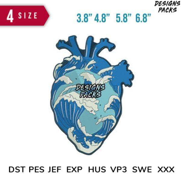 Anatomical heart design with ocean waves, available in 4 sizes and embroidery formats like PES, DST, JEF for DTG/DTF printing.