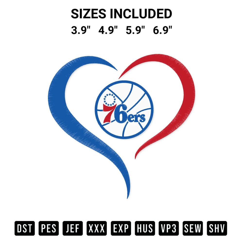 Heart Philadelphia 76Ers Nba Embroidery Design