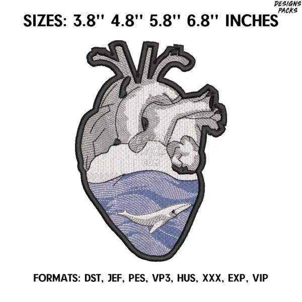 Heart With A Whale In Ocean Embroidery Design, Machine embroidery file. Ghibli embroidery design