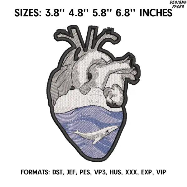 Heart With A Whale In Ocean Embroidery Design, Machine embroidery file. Ghibli embroidery design
