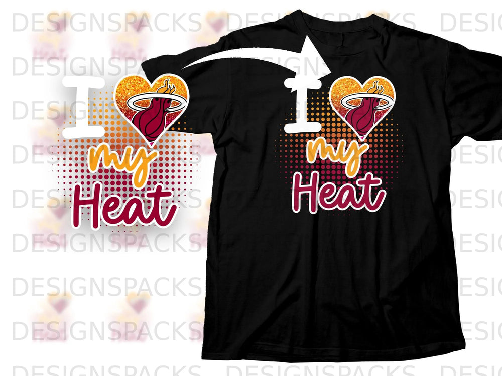 Black t-shirt with "I ♡ my Heat" graphic featuring Miami Heat logo and glitter hearts.