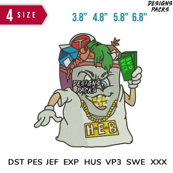 Embroidery design of cartoon character holding money, available in DST PES JEF formats for instant download