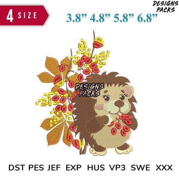 Cute hedgehog embroidery design with autumn leaves and berries, available in 4 sizes and multiple file formats